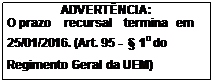 Caixa de texto: ADVERTNCIA:
O prazo    recursal    termina  em
25/01/2016. (Art. 95 -  1o do Regimento Geral da UEM)
